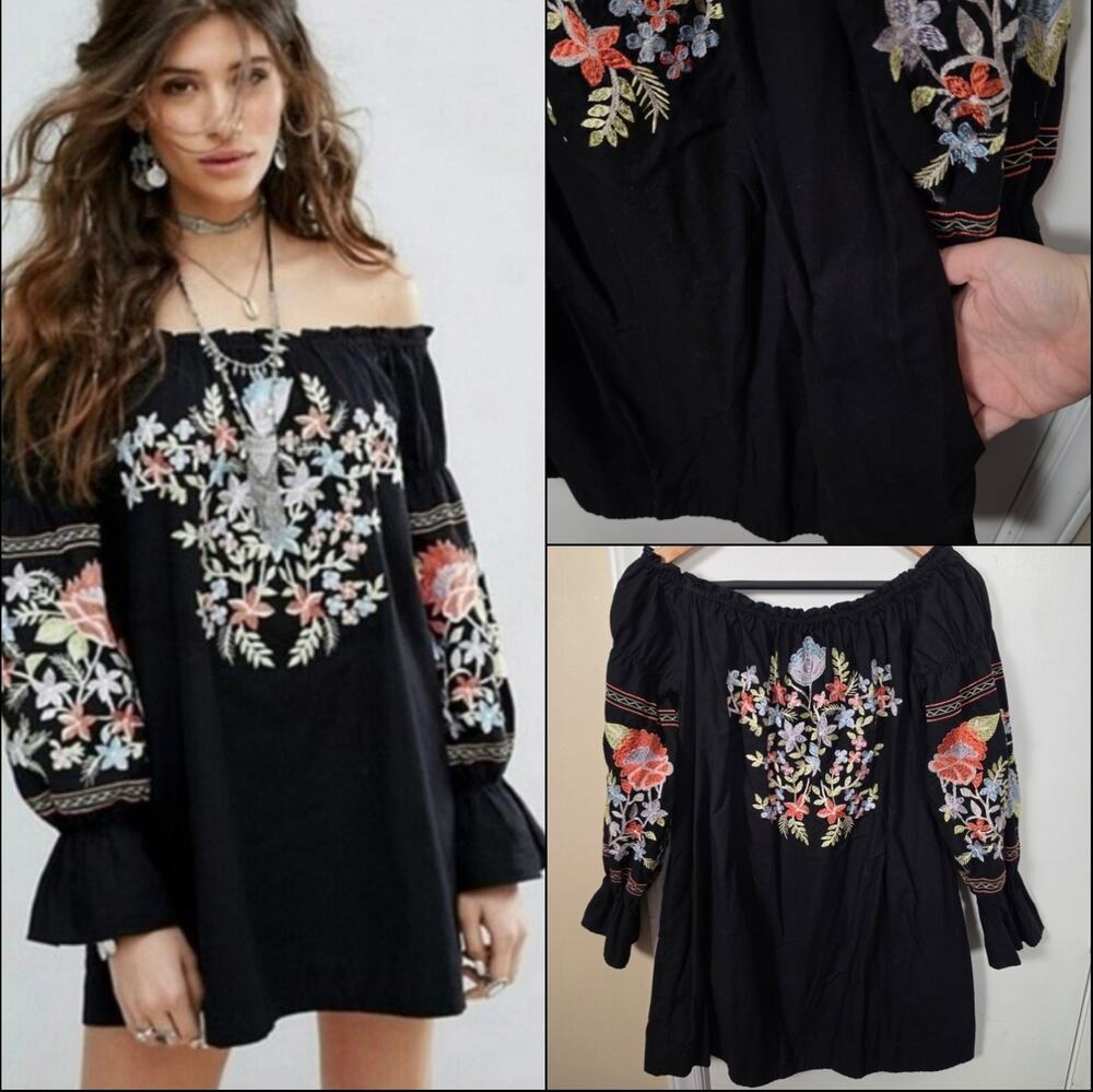 Free People Women Fleur du Jour Floral Embroidered Off Shoulder Dress Sz M Boho